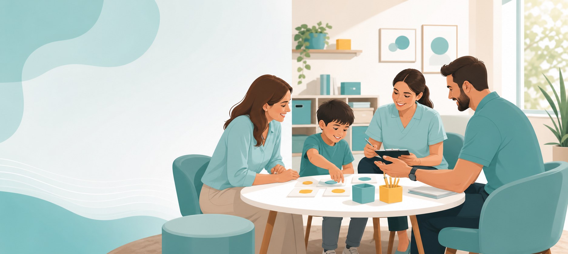 Ilustração de equipe interdisciplinar em atividade terapêutica ABA